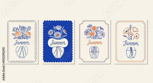 Set of Four Vintage Style Summer Floral Postcards with Hand Drawn Line Art Bouquets of Roses Daisies and Poppies in Vases Blue and Orange Minimalist Botanical Illustration