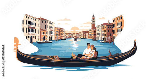 Illustration of a romantic couple in a traditional Venetian gondola with historic buildings and a church steeple in the background along a serene canal.