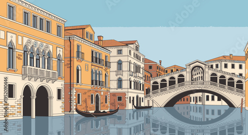 Illustration of a serene canal scene in Venice with a white bridge and historic buildings along the water's edge under a clear blue sky.