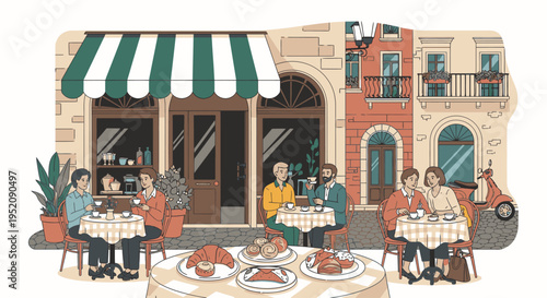 Illustration of people dining outside a restaurant with a green and white awning on a sunny day in a quaint town setting with a warm and inviting atmosphere.