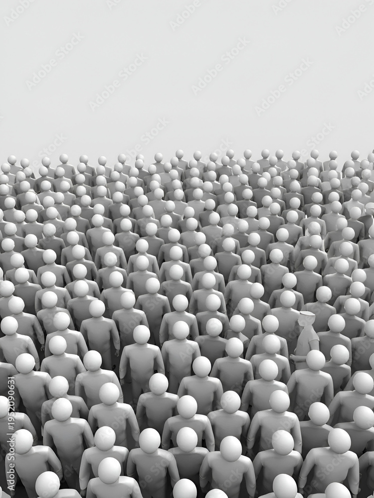 Obraz premium Gray faceless crowd of people on a gray background. Large bleached group of people in monochrome color. 3D rendering with copy space. High angle view.