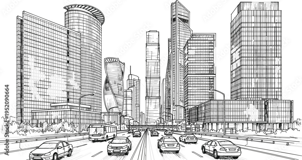 Obraz premium Modern city highway landscape with skyscrapers and traffic for urban architecture business transportation travel vector illustration design.
