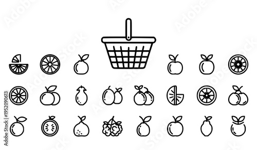 Minimal fruit icon set with basket in black and white line art clean grid vector illustration