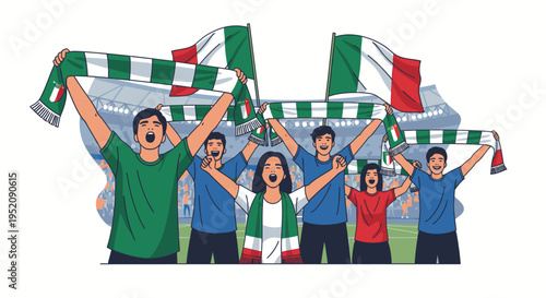 Illustration of a diverse group of people cheering and waving Italian flags and scarves with a joyful mood on a white background.