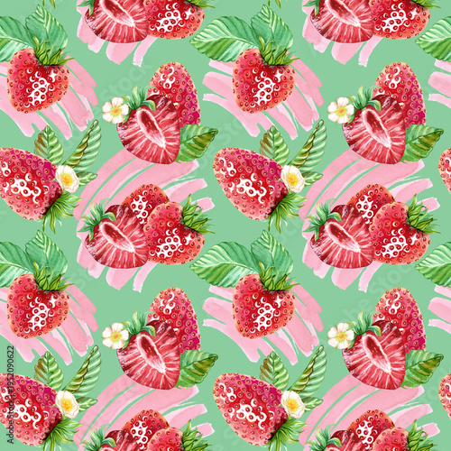 Elegant seamless pattern featuring red strawberries, green leaves, and small white flower. Juicy, ripe berries form endless pattern against background of abstract pink spots. Watercolor illustration