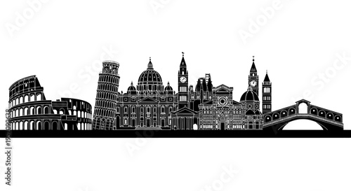 Black silhouette of famous European landmarks including Colosseum, Big Ben, and St. Peter's Basilica against a white background.