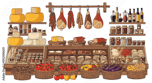 Illustration of a well-stocked butcher shop counter with various meats, cheeses, vegetables, and condiments on display, against a plain white background.