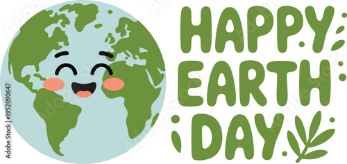 Happy Earth Day cute cartoon earth illustration with smiling planet character and green leaves. April 22 environmental awareness vector design