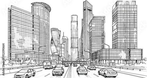 Modern city highway landscape with skyscrapers and traffic for urban architecture business transportation travel vector illustration design.