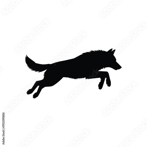Silhouette of a wolf mid leap against a plain white background