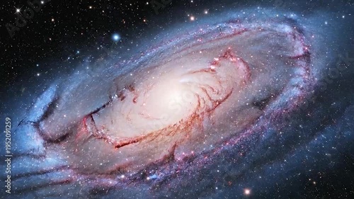 Vast spiral galaxy with glowing center and distant celestial bodies