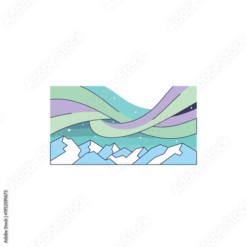Stylized illustration of the Northern Lights dancing over a majestic mountain range covered in snow, evoking a sense of wonder and natural beauty