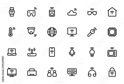 Internet of Things icon set. IoT vector icons pack. Includes smart watch, gamepad, washing machine, cloud, smart home, security camera, laptop, router and more.