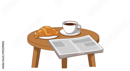 A wooden table with a plate of croissant, a cup of coffee, and an open newspaper on a white background.
