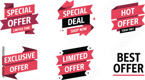 Special offer promotional labels collection including special deal, hot offer, exclusive offer, limited offer and best offer badges.