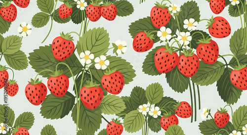 Fresh Ripe Strawberries with Green Leaves and White Flowers.