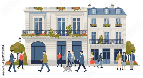 Illustration of people walking on a city street with a white building featuring blue doors and balconies with plants in a modern, urban setting with a neutral mood.