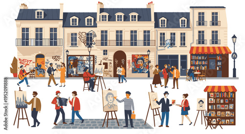 Illustration of artists painting on easels in a lively, European-style street scene with buildings and people, in a colorful and vibrant mood.