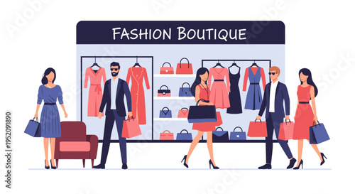 Illustration of people walking past a fashion boutique storefront with clothing displays and handbags on a white background.