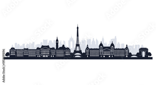 Silhouette of Paris city skyline with Eiffel Tower and historic buildings against a white background in a graphic illustration.