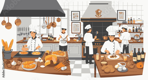 Illustration of chefs preparing food in a commercial kitchen with various dishes and utensils on wooden counters and hanging from the ceiling.