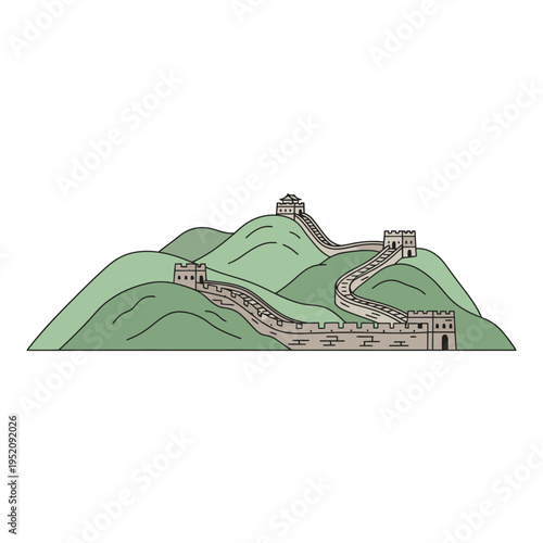 Iconic Great Wall of China architectural landmark winding over green hills under a clear sky, a symbol of ancient history and human ingenuity