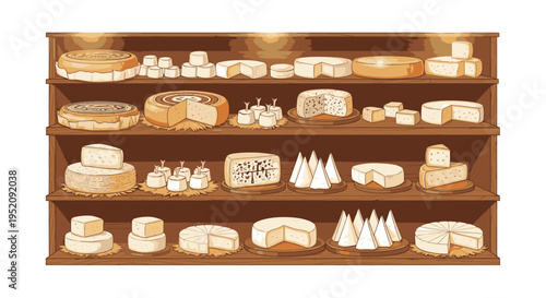 Digital illustration of various types of cheese on a wooden shelf against a white background with warm tones.