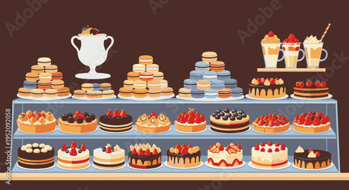 Digital illustration of a variety of sweet baked goods on a three-tiered shelf against a brown background with a flat design style and colorful mood.