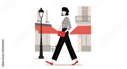 Illustration of a woman walking down a city street holding a red bag with a lamppost and buildings in the background in a modern urban setting.