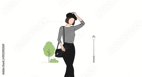 Illustration of a stylish woman standing confidently on one leg with her hand on her head in a casual outfit against a simple background with a tree and streetlight.