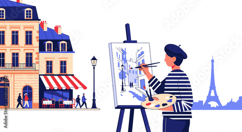 Illustration of a woman painting on an easel in front of a Parisian street scene with the Eiffel Tower in the background.