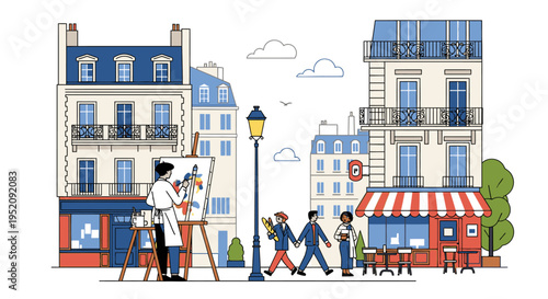 Illustration of a Parisian street scene with a painter at work, people walking, and a cafe, set against a white background with blue and white buildings.