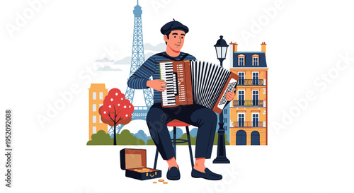 Illustration of a man playing an accordion on a bench in Paris with the Eiffel Tower and city buildings in the background.