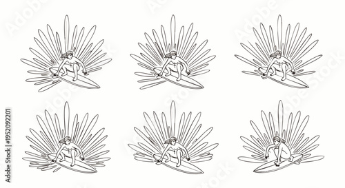 Surfer Girl Riding Wave in Abstract Floral Explosion Pattern, Retro Line Art Style