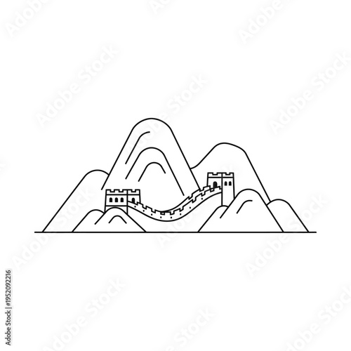 Iconic Great Wall of China Structure on Mountainous Terrain - Minimalist Line Art