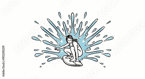 Young woman surfing on a surfboard, creating a large splash of water around her, in a dynamic illustration style.