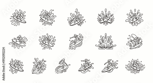 Set of 15 Line Art Icons of Jet Skiers and Water Splashes, Dynamic Water Sports Illustrations
