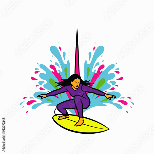 Dynamic illustration of a female surfer riding a yellow surfboard amidst colorful water splashes, embodying summer sports and active lifestyle.