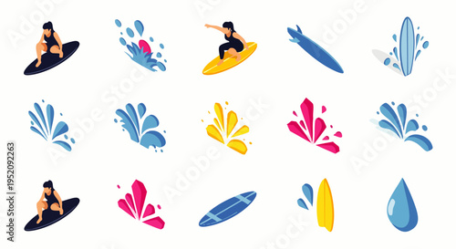 Set of surfing icons and elements: surfboard, surfer girl, water splashes, and drop on white background