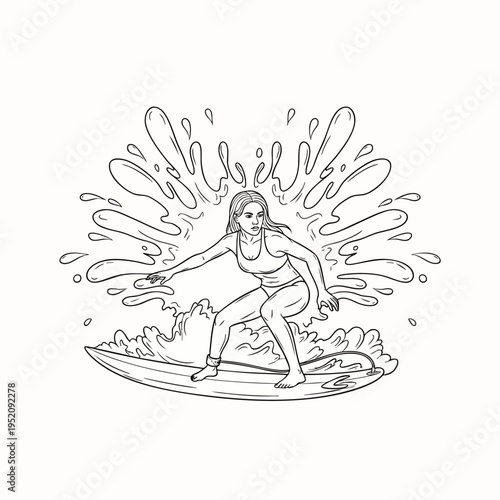 Hand-drawn illustration of a young woman surfing a wave, with water splashing around her.