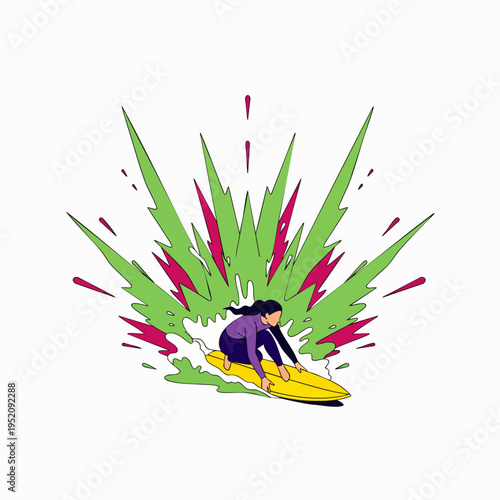 Energetic surfer girl rides a yellow surfboard with a vibrant green and pink splash explosion behind her, capturing the thrill of the ocean.