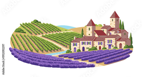 Illustration of a French castle with vineyards and lavender fields in the countryside.