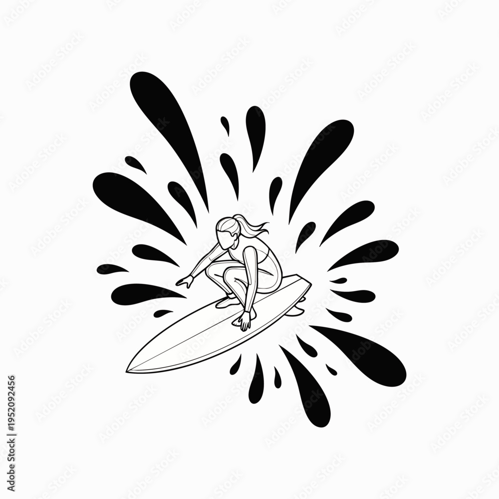Fototapeta premium Line art illustration of a woman surfing a wave with water splashing around her, representing a healthy lifestyle and outdoor activity.