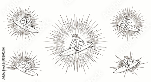 Surfer Riding Wave with Starburst Effect, Abstract Concept of Energy and Motion, Minimalist Line Art