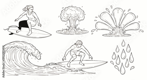 Collection of hand-drawn illustrations: surfers riding waves, explosion, water splashes, and raindrops