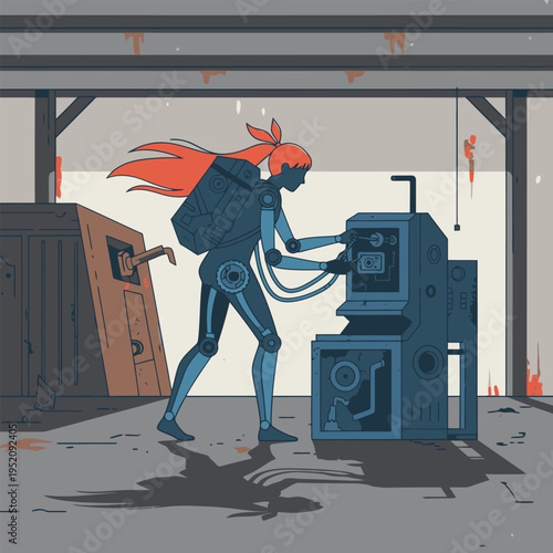 Futuristic android with red hair working on advanced technology.