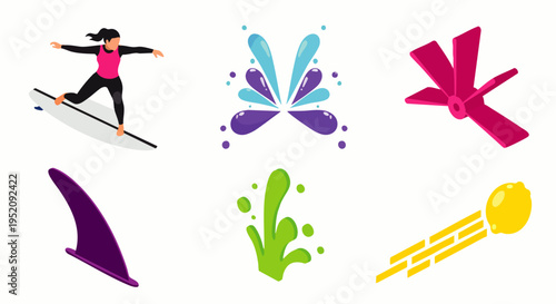 Collection of surfing and water splash icons, surfboard fin, and a yellow comet with a tail