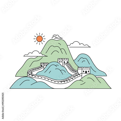 Iconic Great Wall of China illustration winding over mountainous landscape with sun and clouds, representing ancient history and travel