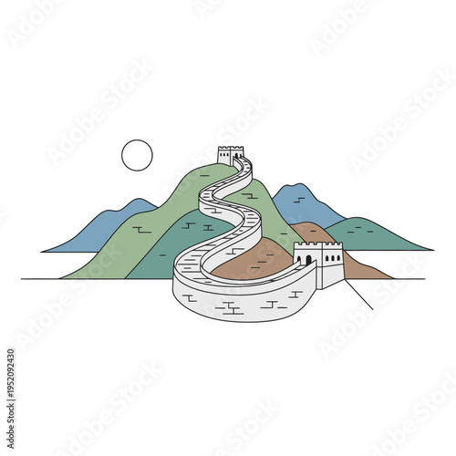 Iconic Great Wall of China snaking over serene rolling hills under a bright sun, a symbol of ancient heritage and architectural marvel