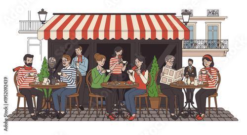 Illustration of a diverse group of adults socializing and enjoying drinks at outdoor cafe tables under a red and white striped awning on a city street.